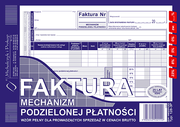 Faktura Mechanizm Podzielonej Płatności dla prowadzących sprzedaż w cenach brutto A5 128-3P MiP