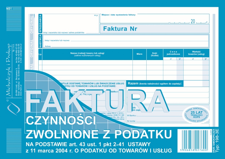 Faktura czynności zwolnionych z podatku MIP 198-3E A5