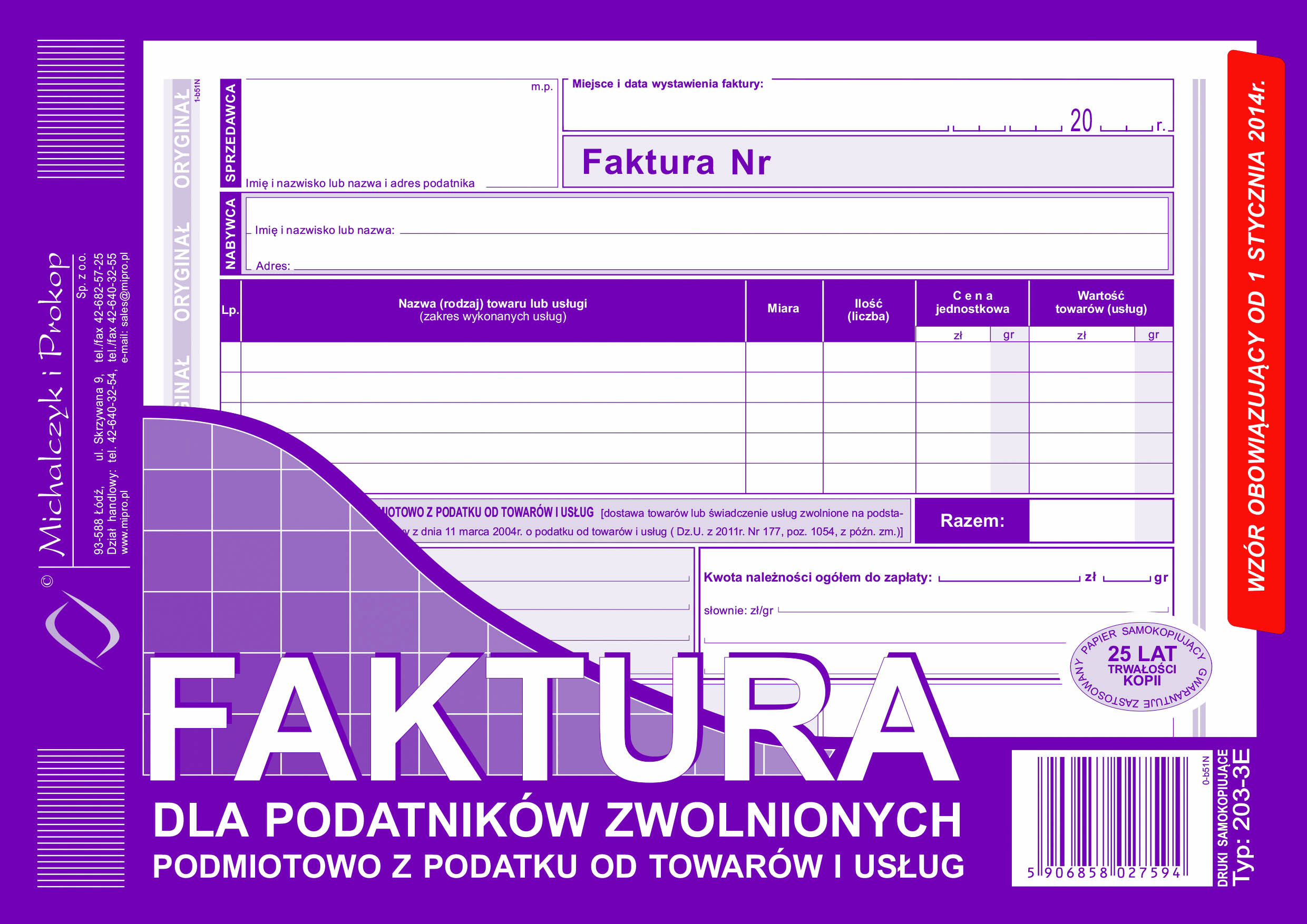 Faktura dla podatników zwolnionych podmiotowo z podatku od towarów i usług MiP 203-3E A5