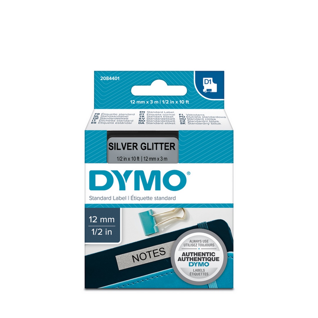 Taśma Dymo D1 12mmx3m czarna na srebrnym nadruk