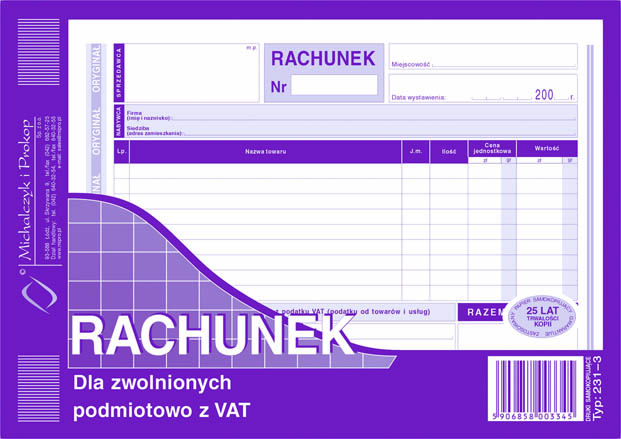 Rachunek dla zwolnionych podmiotowo z VAT MiP 231-3 A5