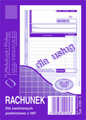 Rachunek dla zwolnionych podmiotowo z VAT MiP 233-5 A6