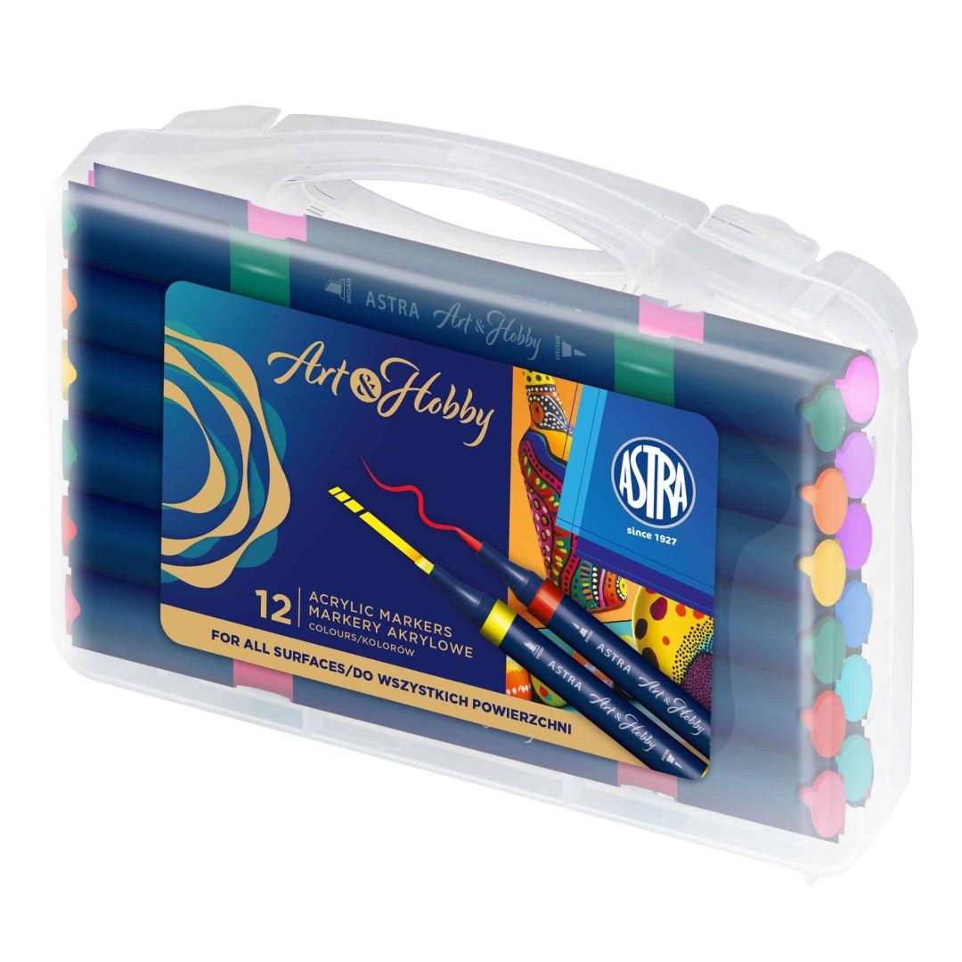 Markery akrylowe dwustronne trójkątne Astra Art&Hobby (12) walizka 207025002