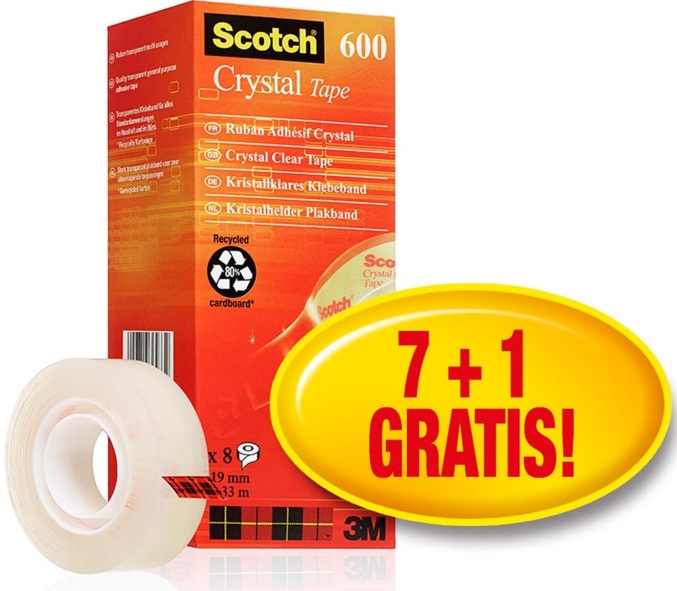 Taśma klejąca Scotch Crystal przezroczysta 7 rolek 19mmx33m +1 rolka GRATIS
