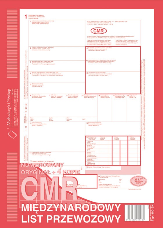 CMR międzynarodowy list przewozowy A4 800-2N MiP