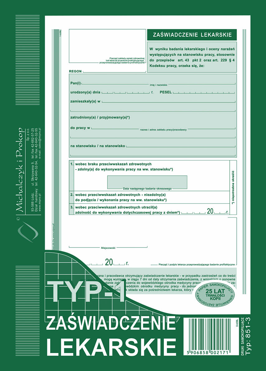 Orzeczenie lekarskie Typ-1 MiP 851-3 A5