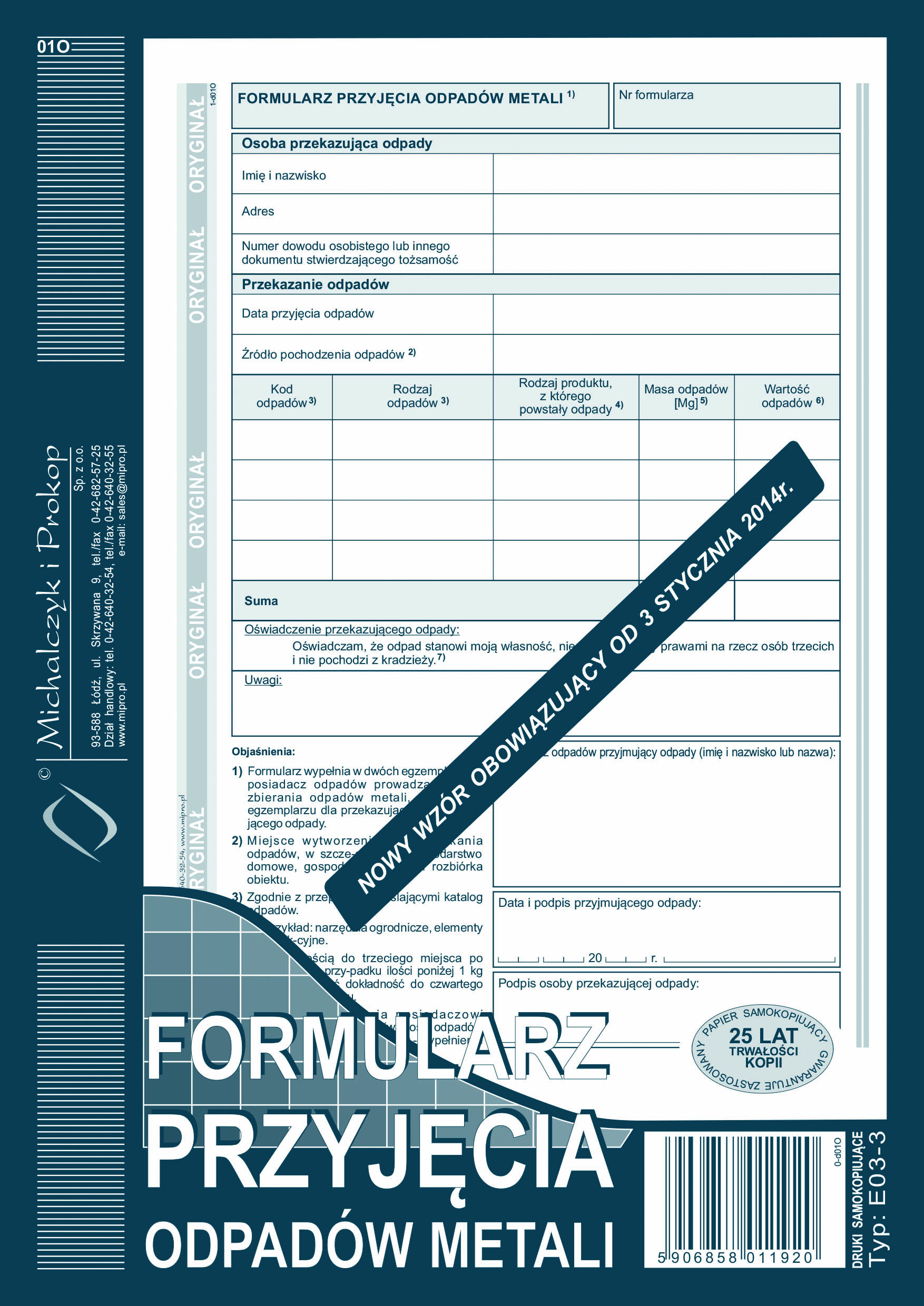 Formularz przyjęcia odpadów metali MiP E03-3 A5