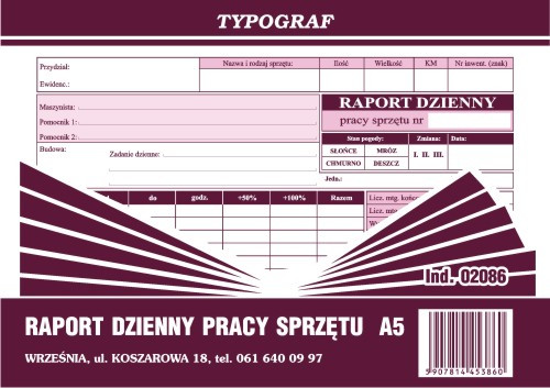 Raport dzienny pracy sprzętu Typograf A5