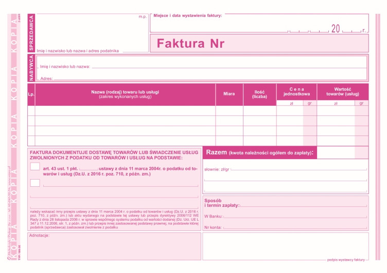 Faktura czynności zwolnionych z podatku MIP 198-3E A5