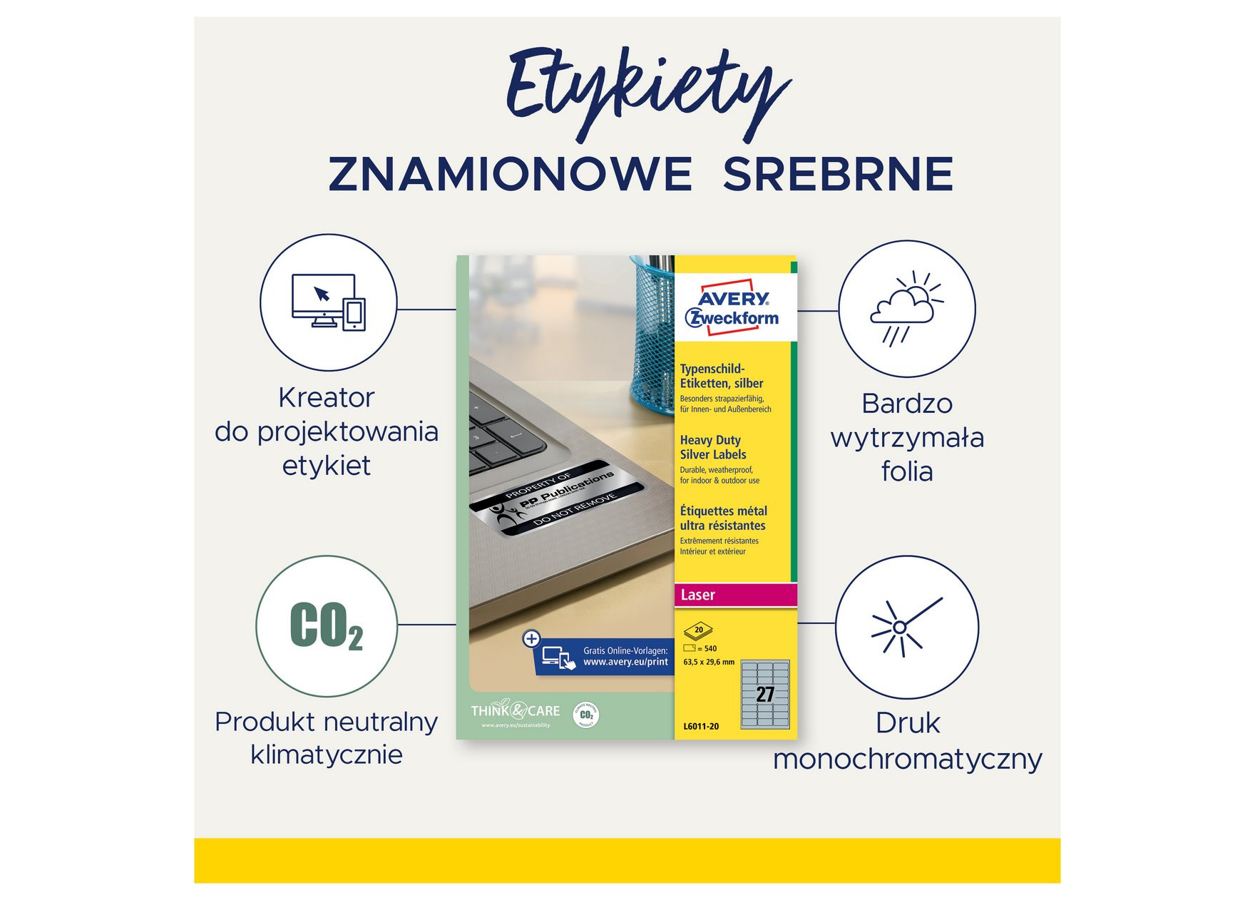 Etykiety znamionowe srebrne Avery Zweckform 45,7x21,2 mm