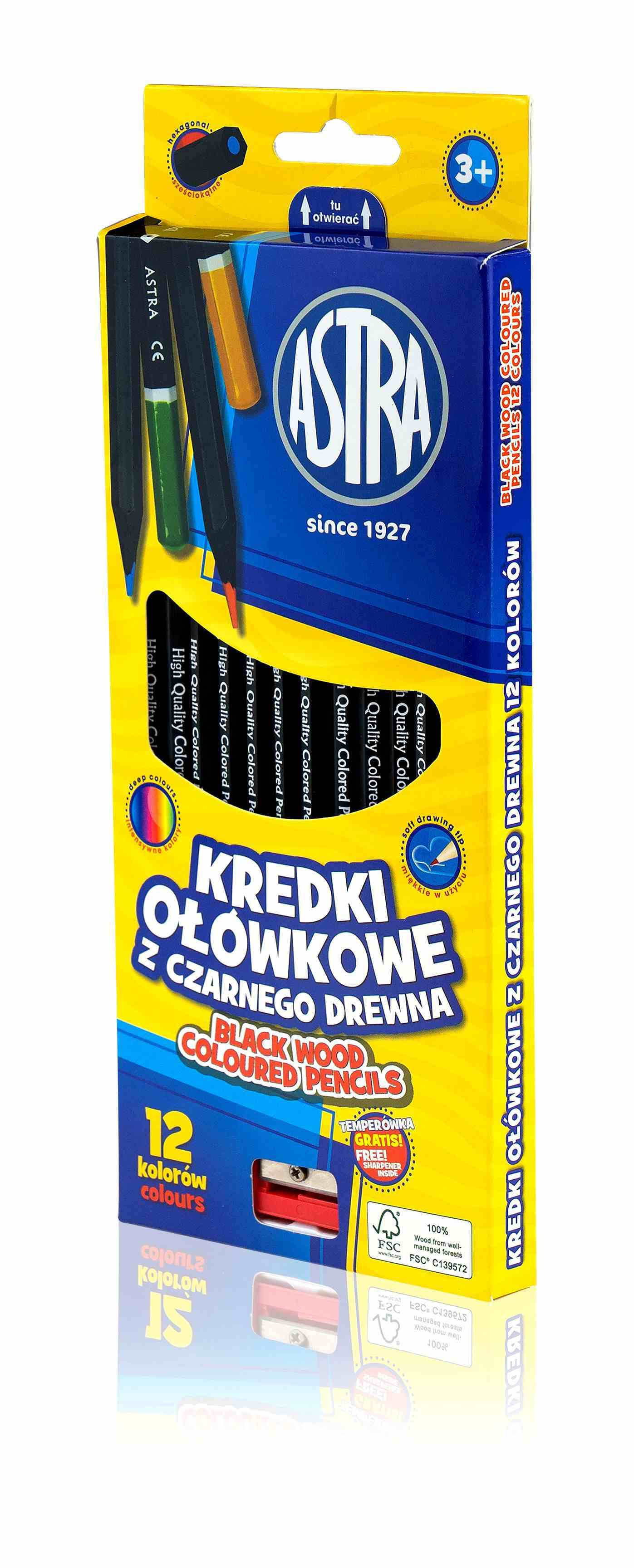 Kredki ołówkowe okrągłe Astra z czarnego drewna 12kol. 312114001