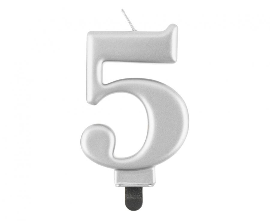 Świeczka cyferka 5, metalik srebrna 8cm GoDan