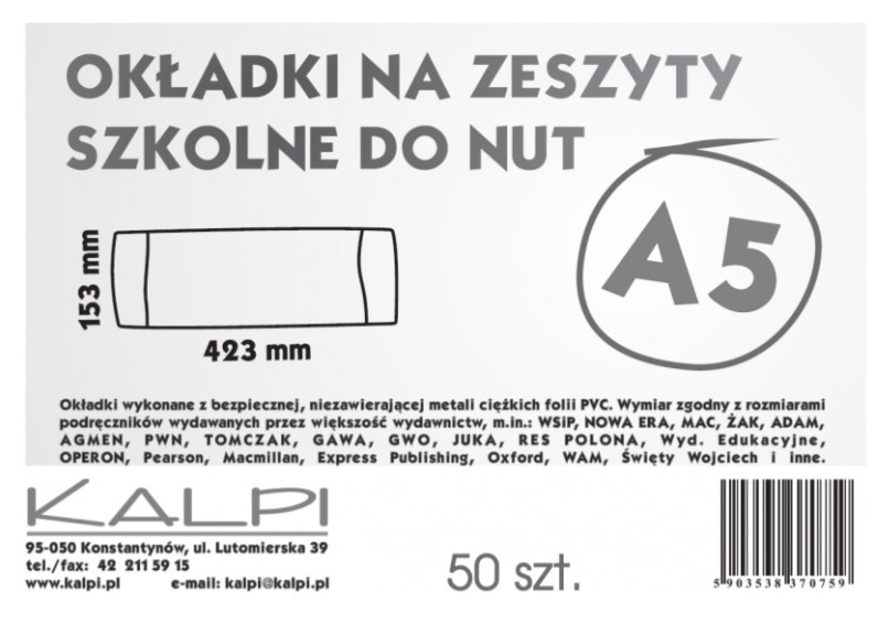 OKŁADKI NA ZESZYTY DO NUT A5 (50) KALPI