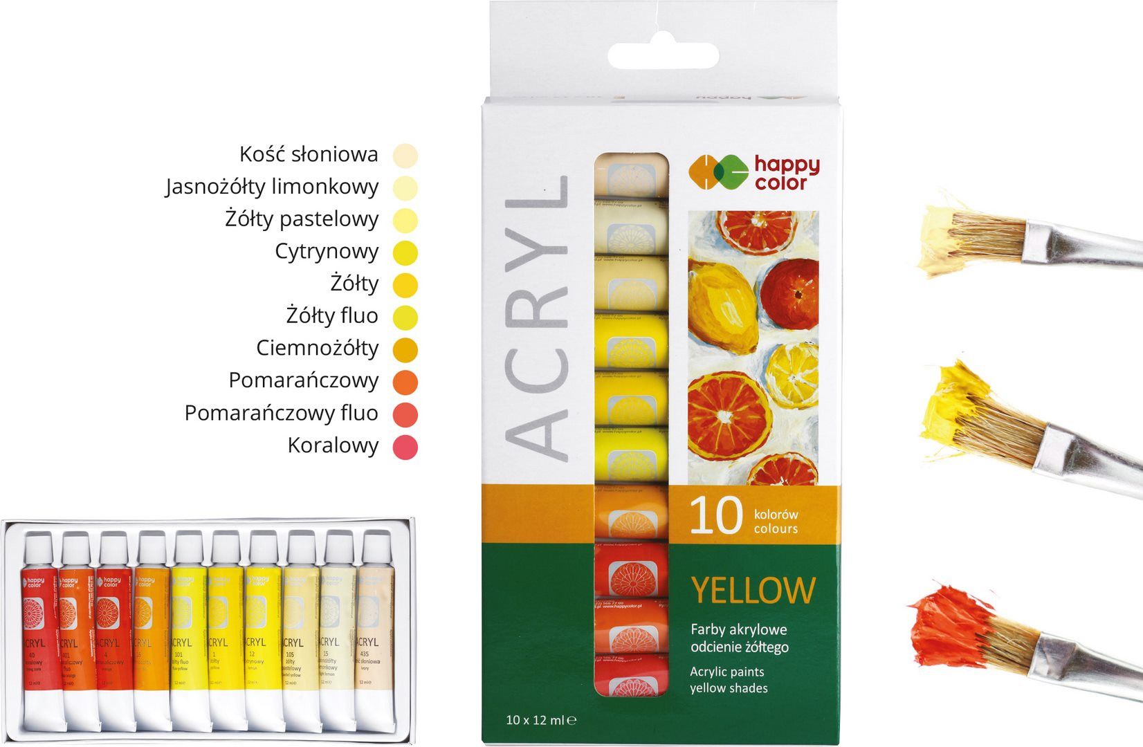Farba akrylowa 12ml 10 kolorów Happy Color odcienie żółtego