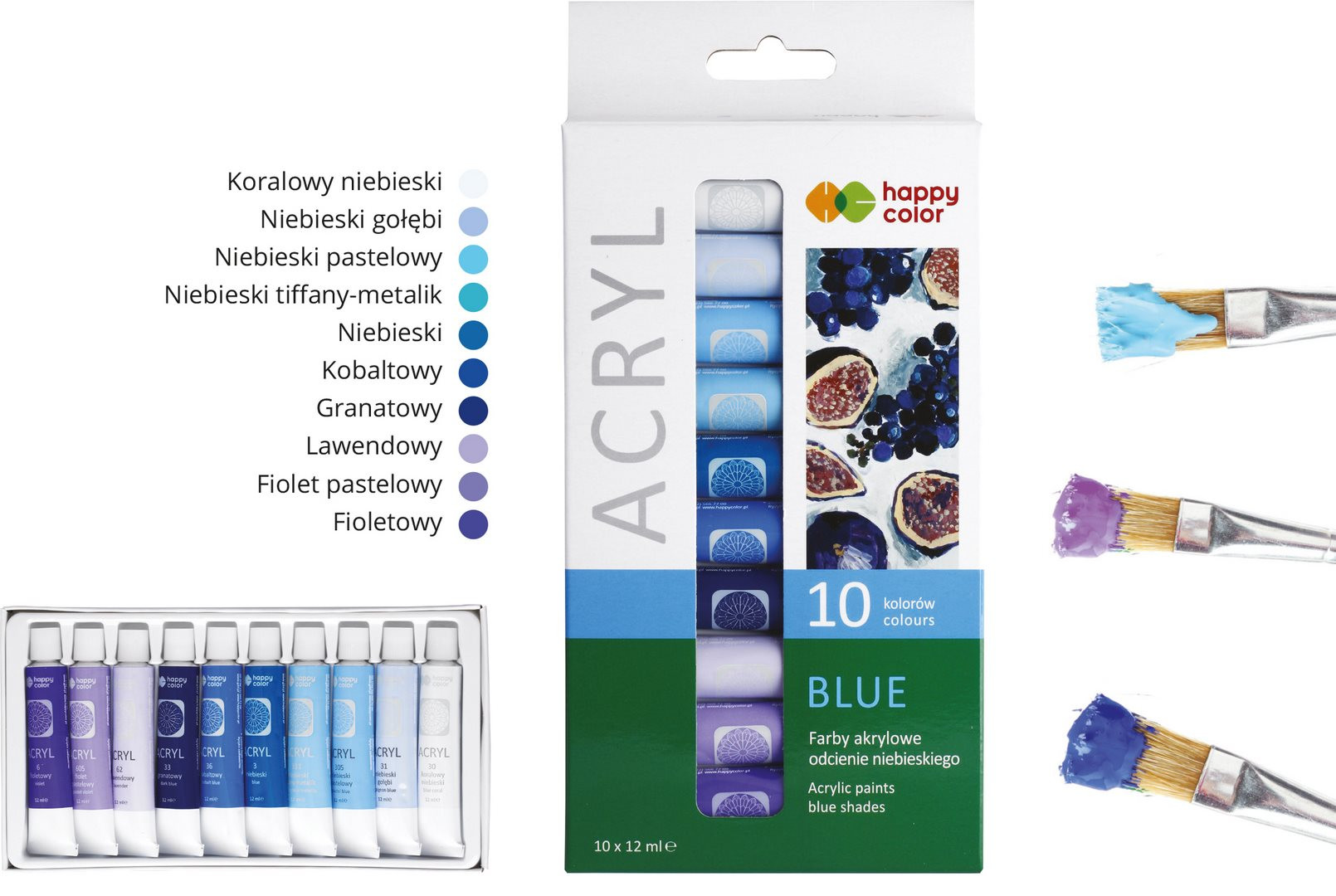 Farba akrylowa 12ml 10 kolorów Happy Color odcienie niebieskiego
