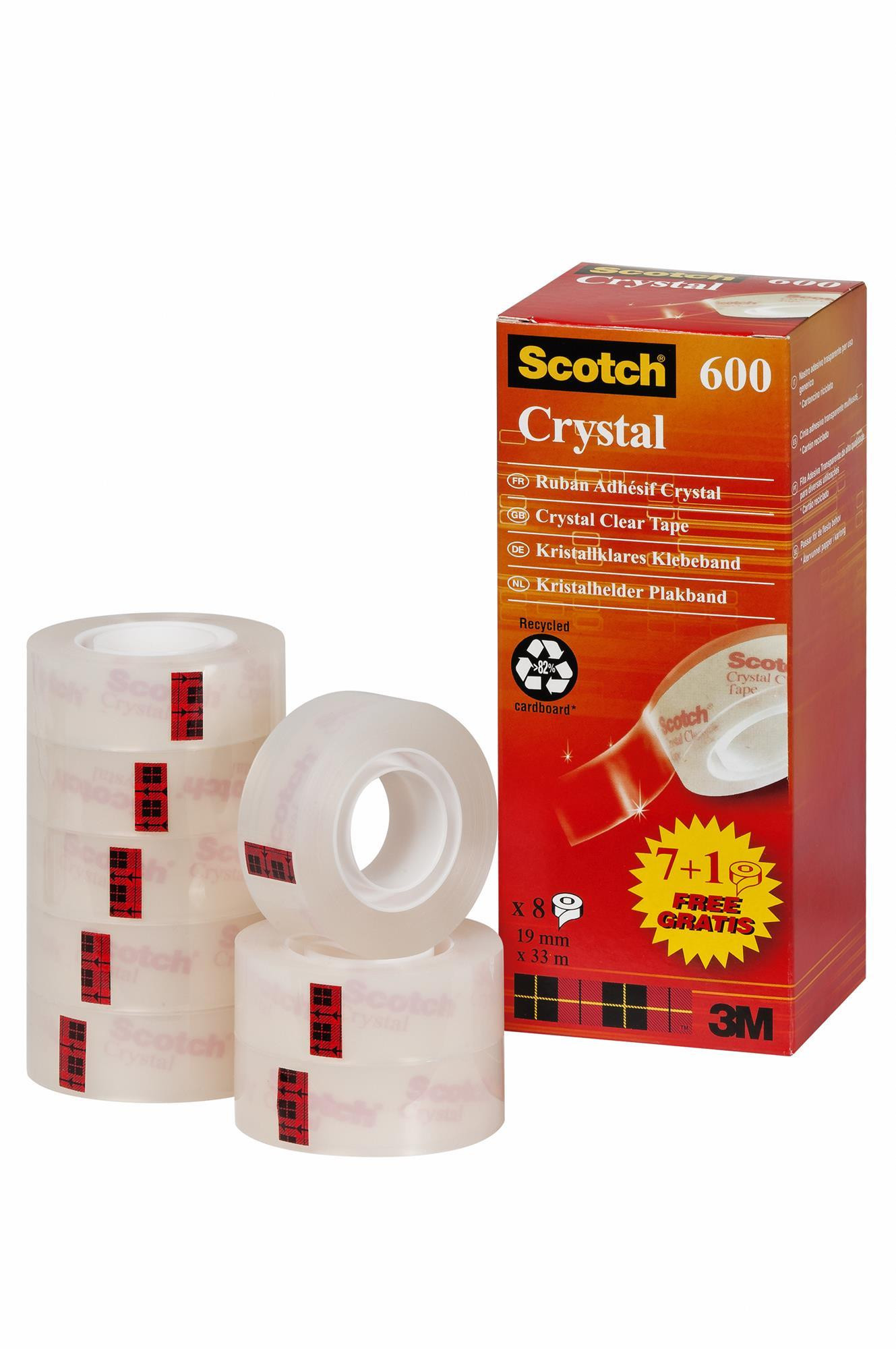 Taśma klejąca Scotch Crystal przezroczysta 7 rolek 19mmx33m +1 rolka GRATIS
